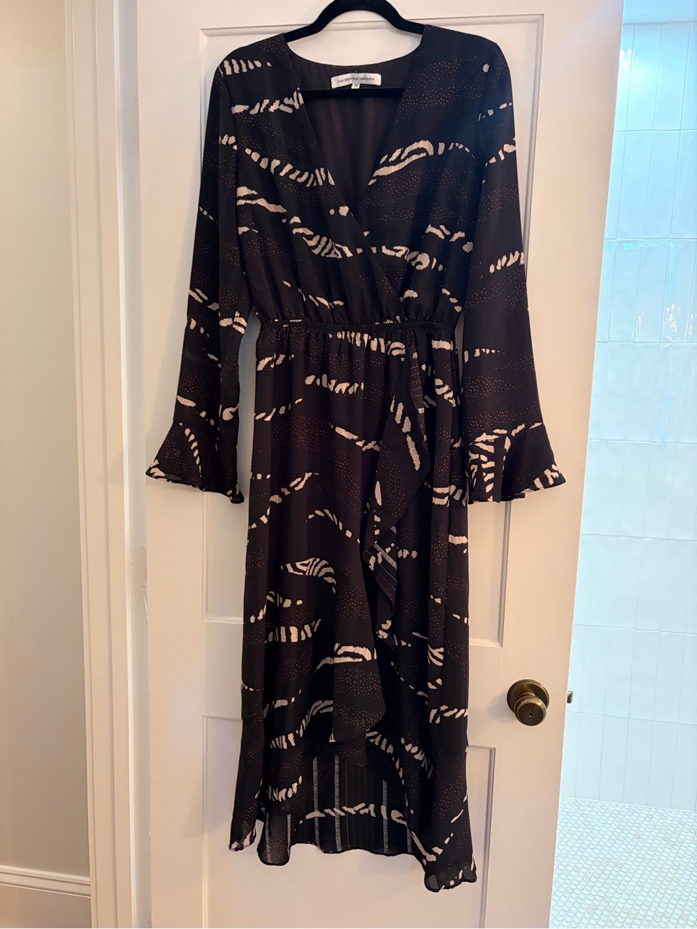 cupcakes & cashmere Black and Cream Printed Long Sleeve Wrap Dress